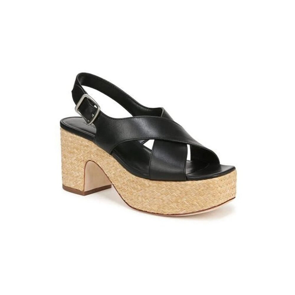 🆕VINCE Clementina Platform Raffia Heel Sandal Shoe Leather 8 Black - Picture 2 of 10
